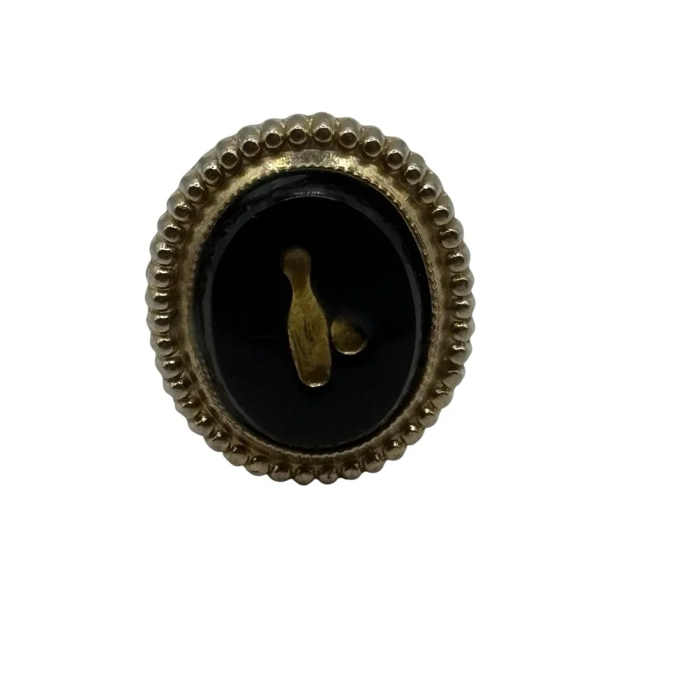 VTG Bowling Pin Tie‎ Tack Black Gold Tone Metal Necktie Pin Oval Mini Textured